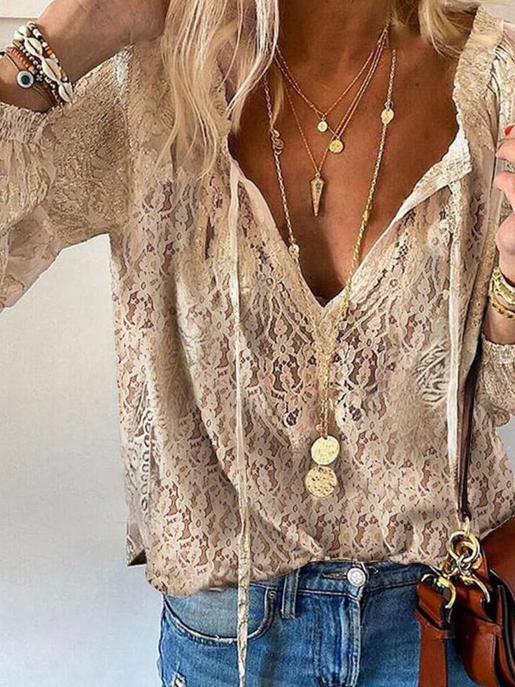 Damen V Ausschnitt Spitze Boho Bluse