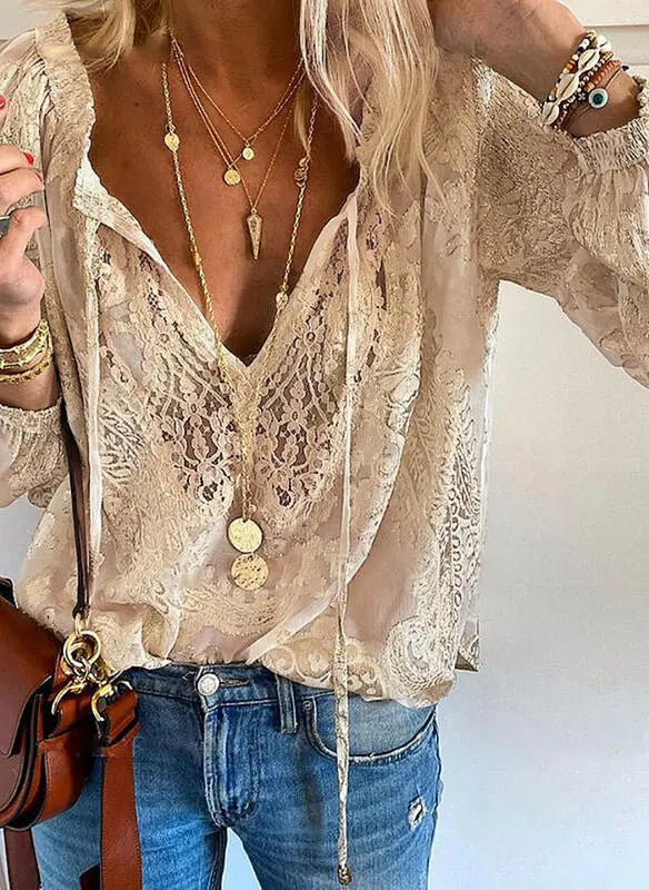 Damen V Ausschnitt Spitze Boho Bluse