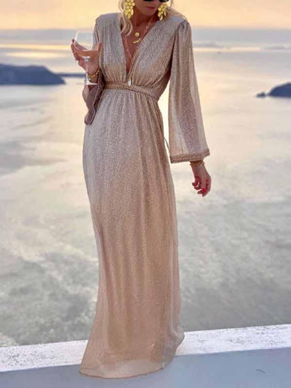 Brigitte | Damen Langarm V-Ausschnitt Maxikleid