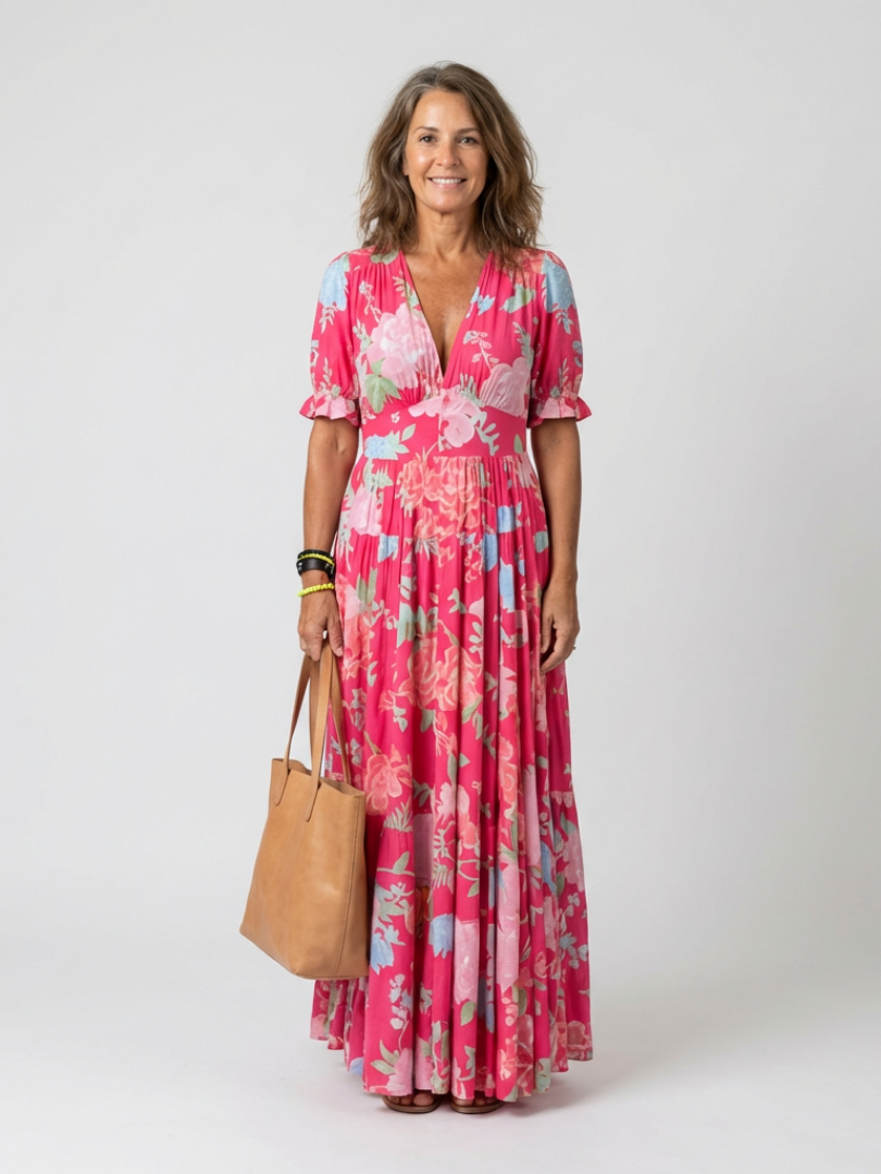 Brunhilde | Damen V-Ausschnitt Blumen Maxi Kleid