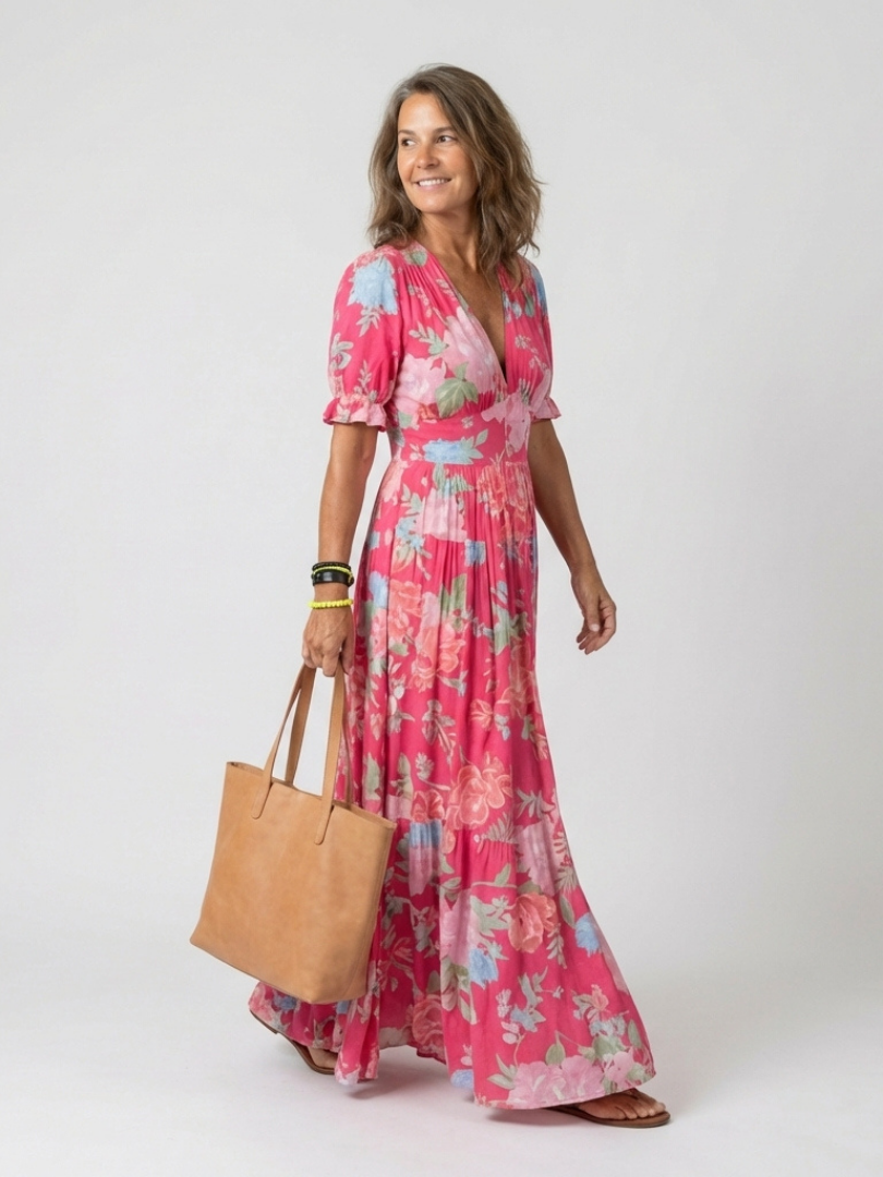 Brunhilde | Damen V-Ausschnitt Blumen Maxi Kleid