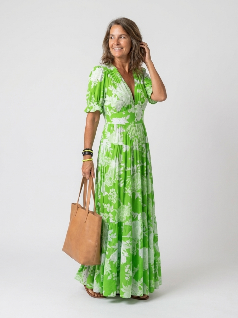 Brunhilde | Damen V-Ausschnitt Blumen Maxi Kleid
