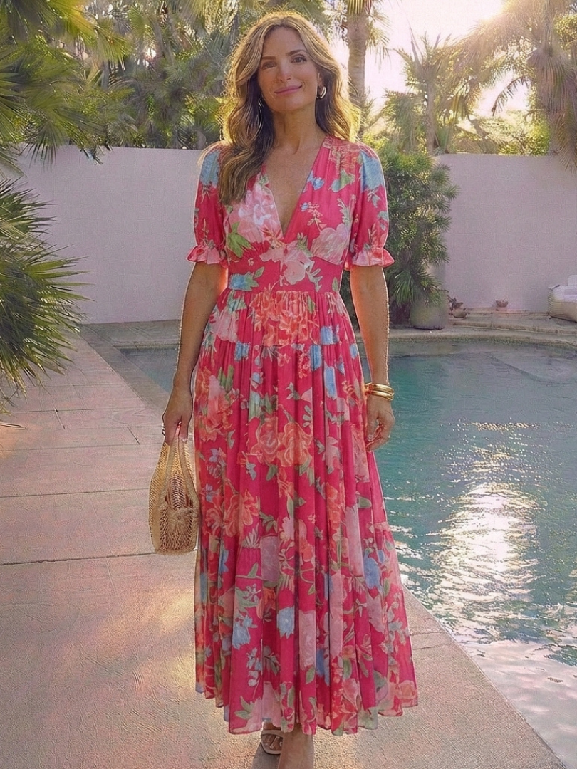Brunhilde | Damen V-Ausschnitt Blumen Maxi Kleid