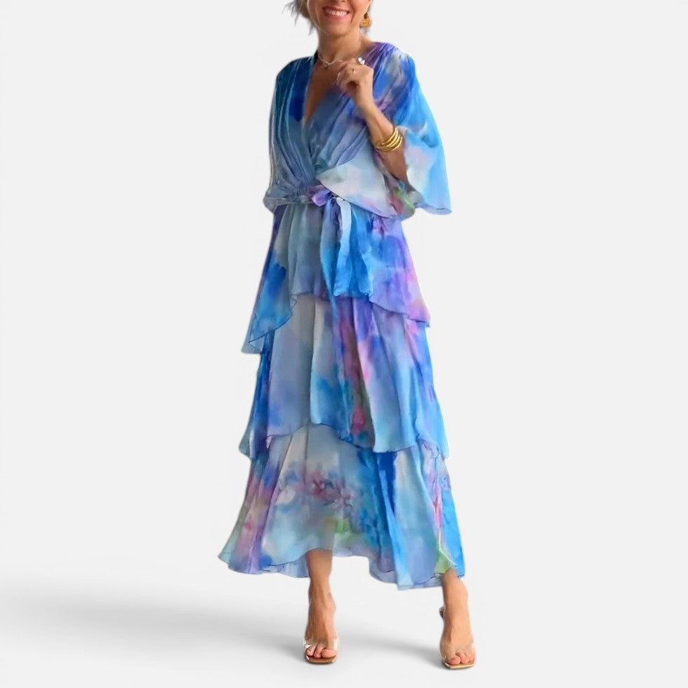 Midikleid Volants V Ausschnitt Dreiviertelarm Gemustert