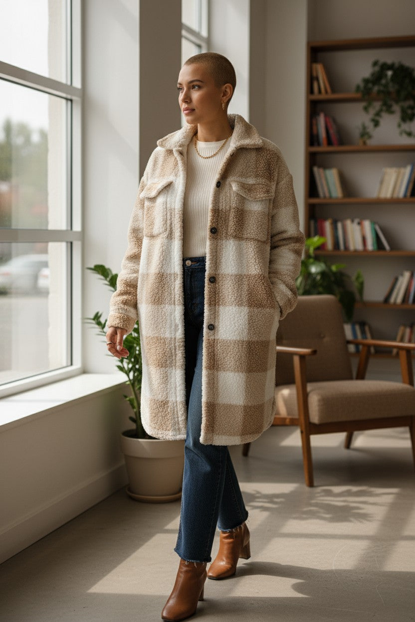 Langer Teddy-Mantel in Hemdjacken-Optik mit Karo-Muster