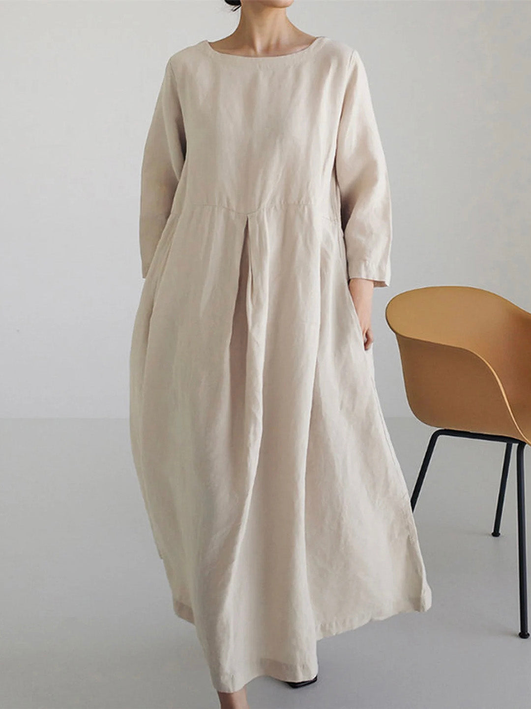 Damen Sommer Langarm Leinen Maxikleid