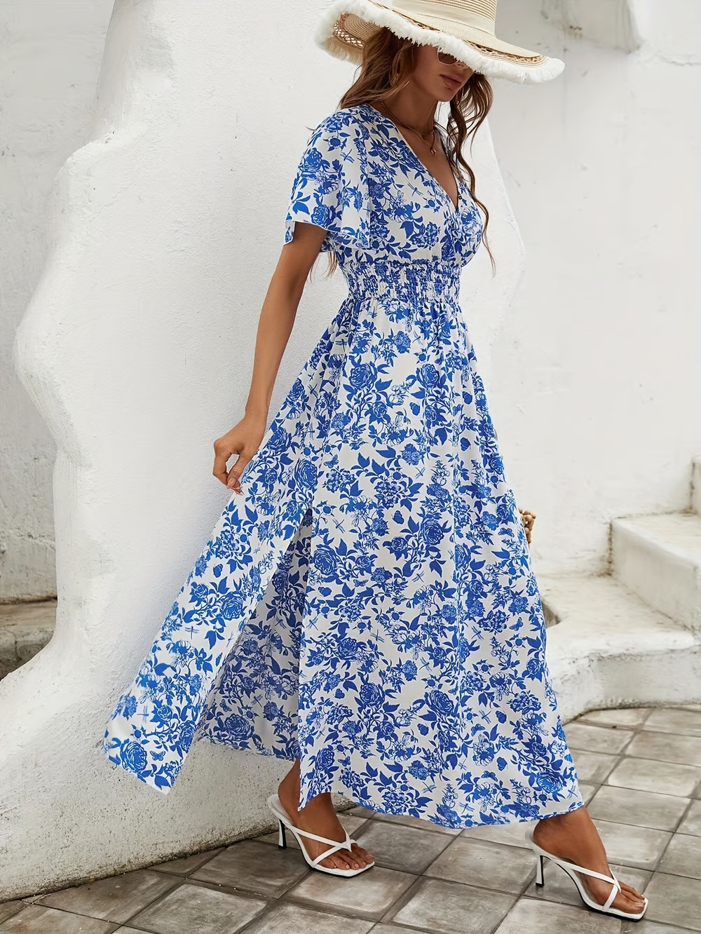 Calista | Damen V-Ausschnitt Blumendruck Maxikleid