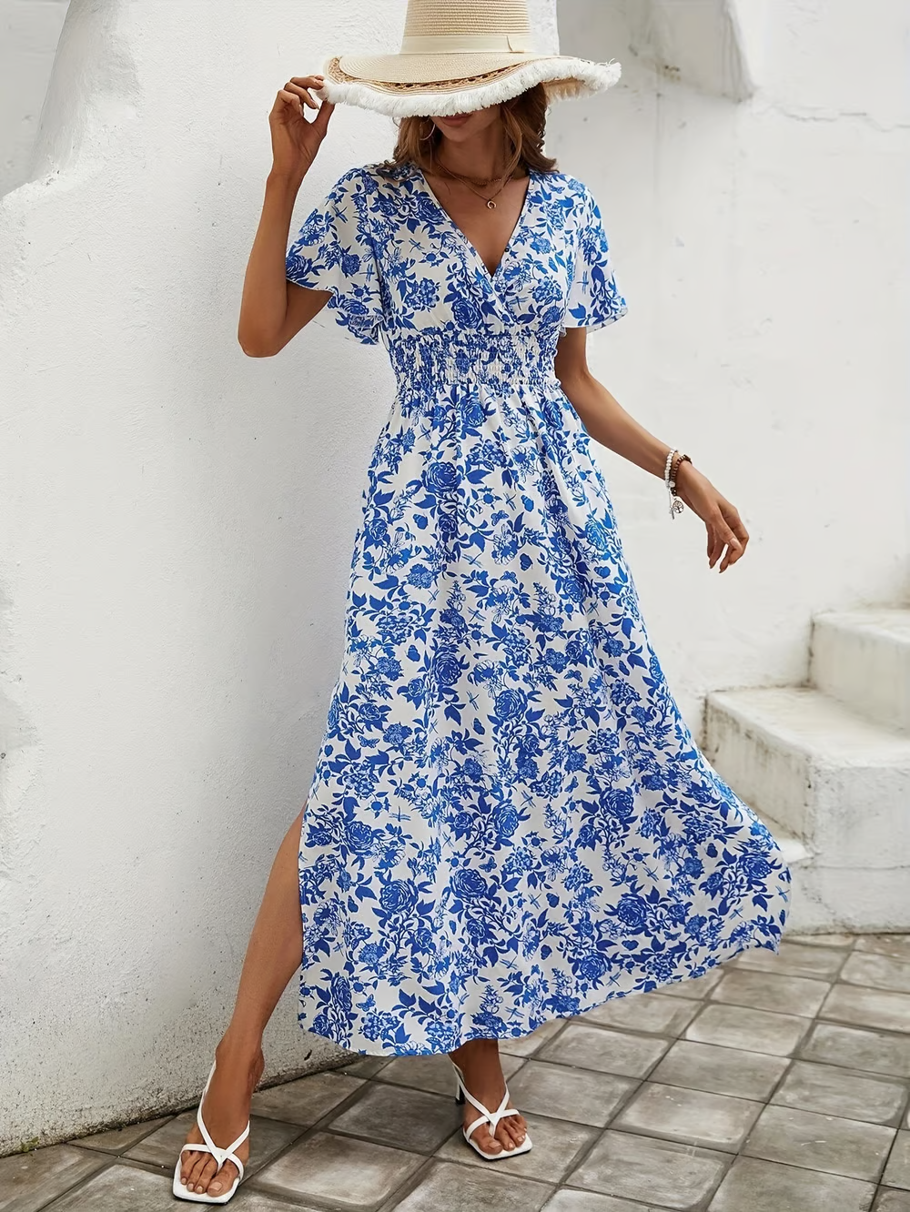 Calista | Damen V-Ausschnitt Blumendruck Maxikleid