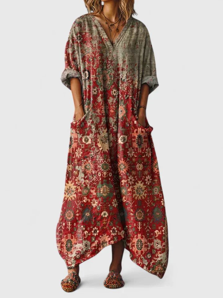 Calypso | Damen Paisley Boho Maxikleid mit V-Ausschnitt