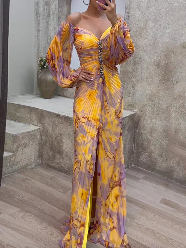 Damen Geblümtes V-Ausschnitt Langarm Maxi Sommerkleid