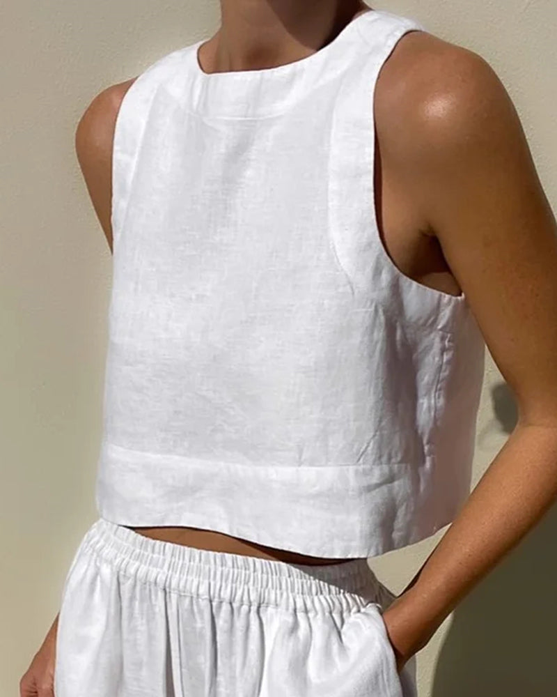 Damen Sommer Ärmelloses Leinen Zweiteiler Set