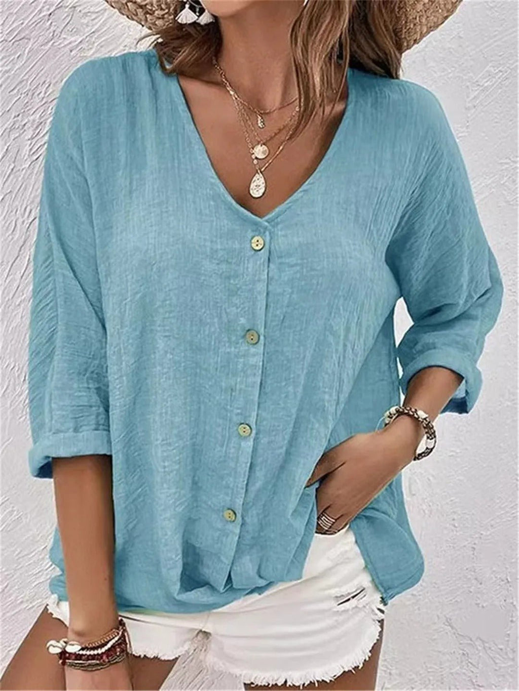 Elisa | Cotton V-Neck Button-Front Top Crinkle