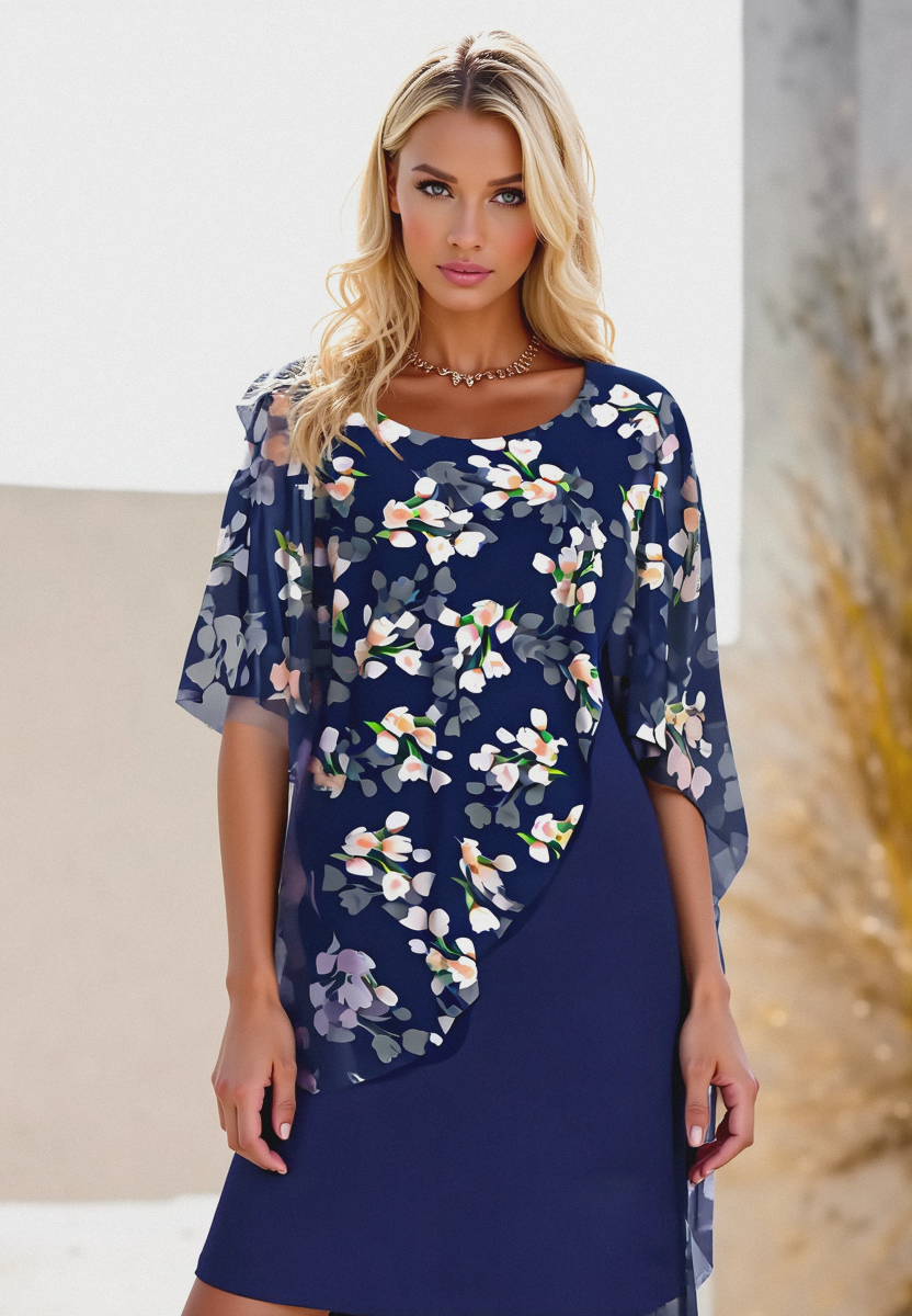 Greta | Damen Anmutiges Sommerkleid mit Cape Gartenmuster