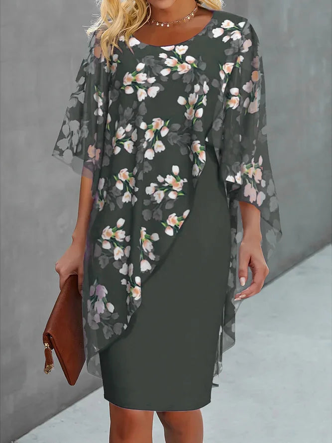 Greta | Damen Anmutiges Sommerkleid mit Cape Gartenmuster