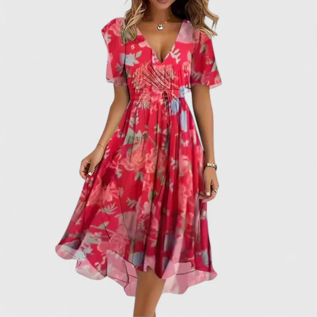 Elena | Damen Blumen V-Ausschnitt Midi Kleid