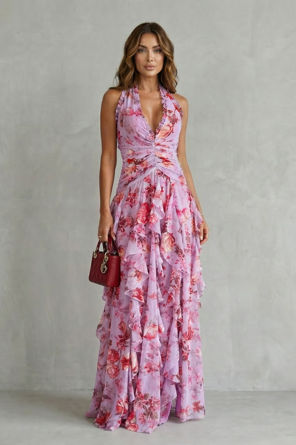 Leni | Damen Blumenmuster Halter Maxi Kleid mit Rüschen