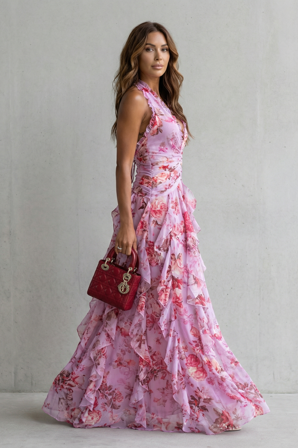 Leni | Damen Blumenmuster Halter Maxi Kleid mit Rüschen
