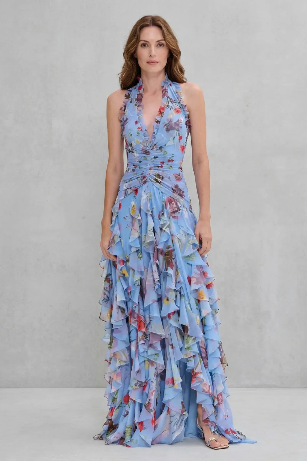 Leni | Damen Blumenmuster Halter Maxi Kleid mit Rüschen