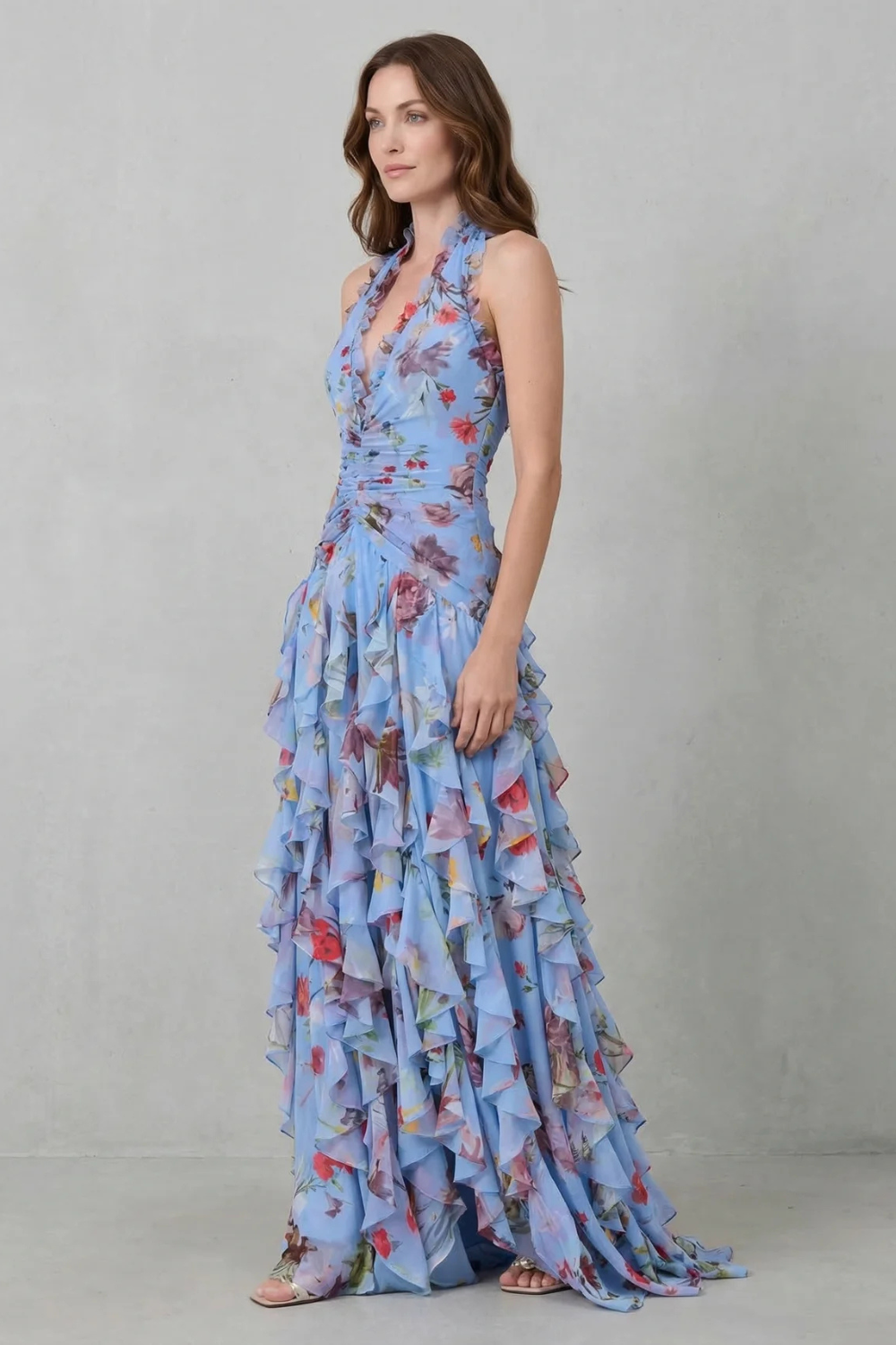 Leni | Damen Blumenmuster Halter Maxi Kleid mit Rüschen