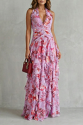 Leni | Damen Blumenmuster Halter Maxi Kleid mit Rüschen