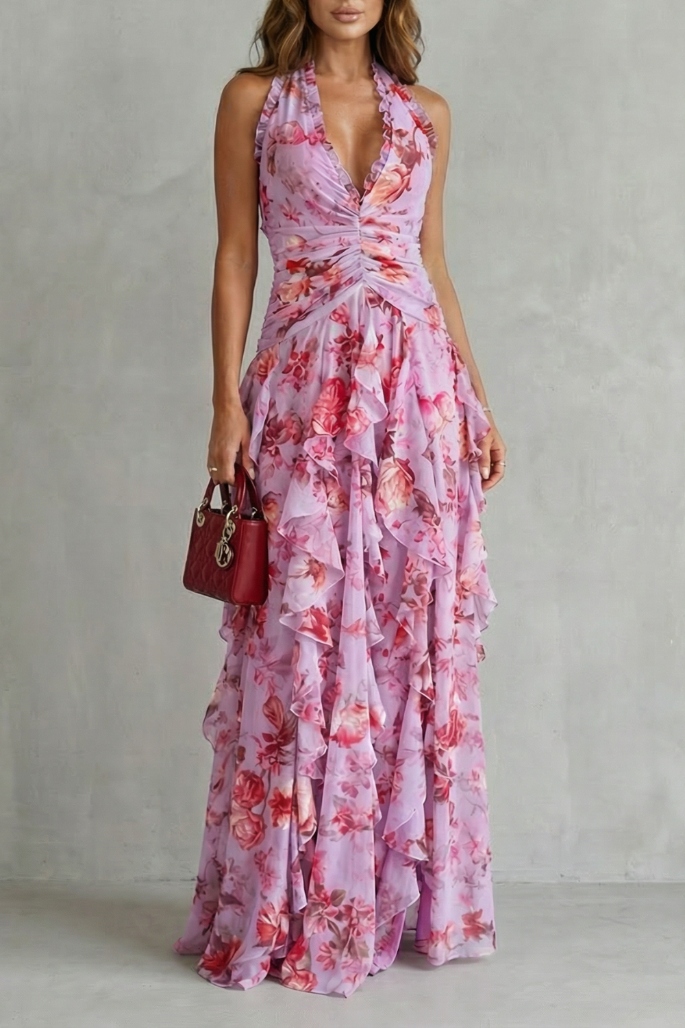 Leni | Damen Blumenmuster Halter Maxi Kleid mit Rüschen
