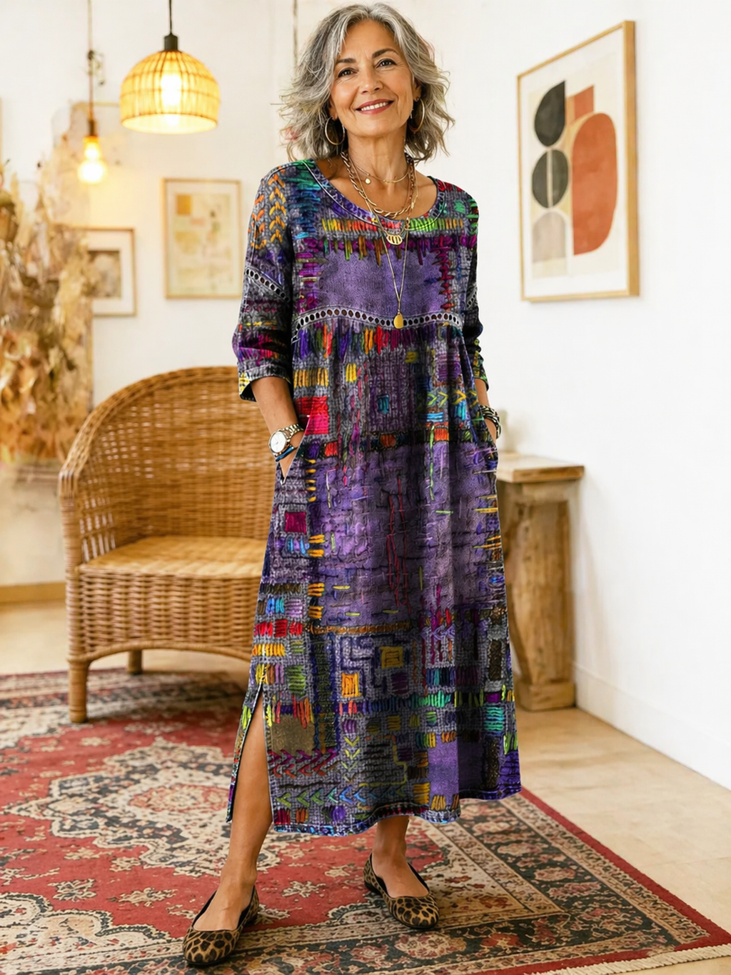 Leni | Damen Boho-Kleid mit Ethno-Patchwork