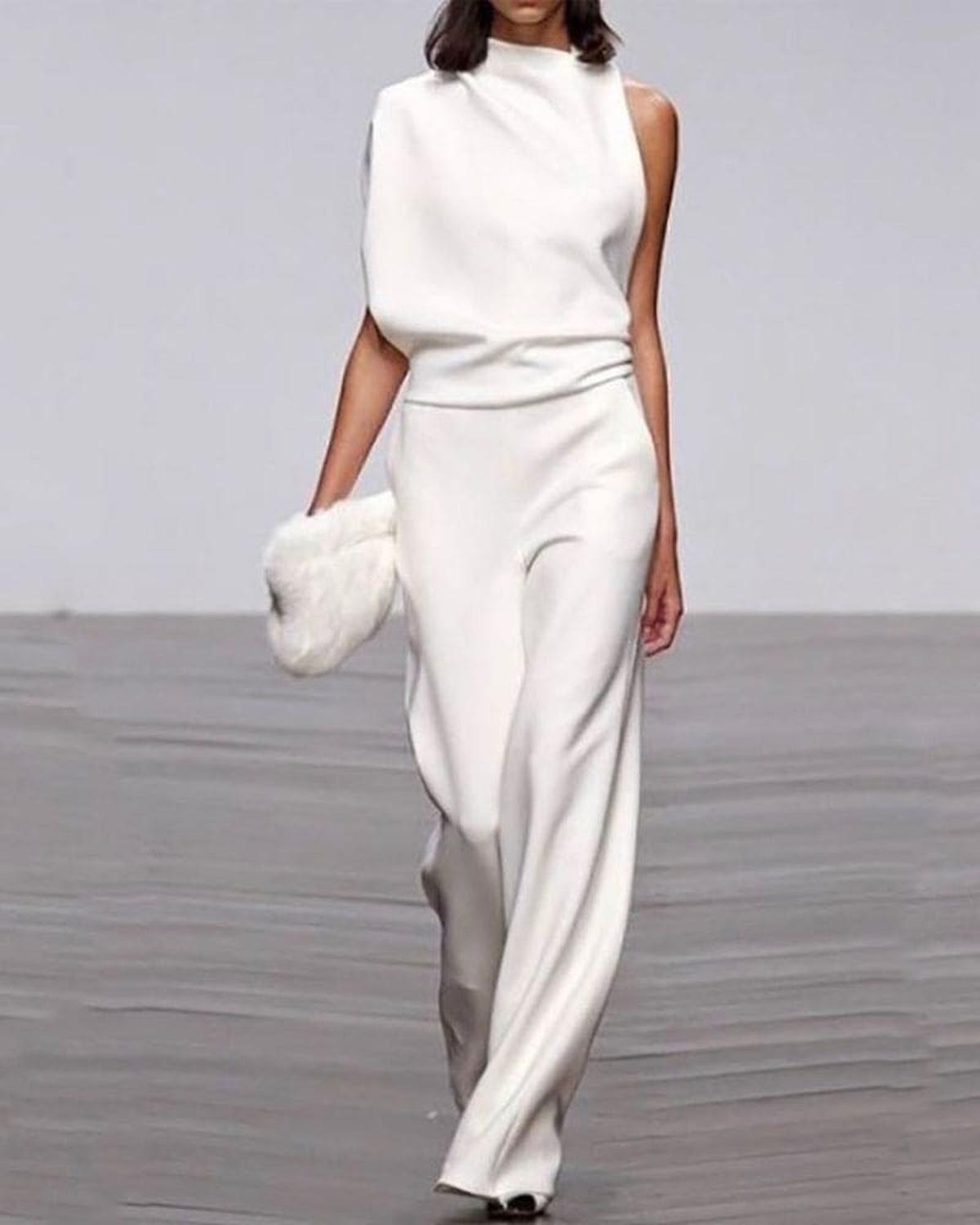 Nele | Damen Ein-Schulter Jumpsuit-Set mit weitem Bein