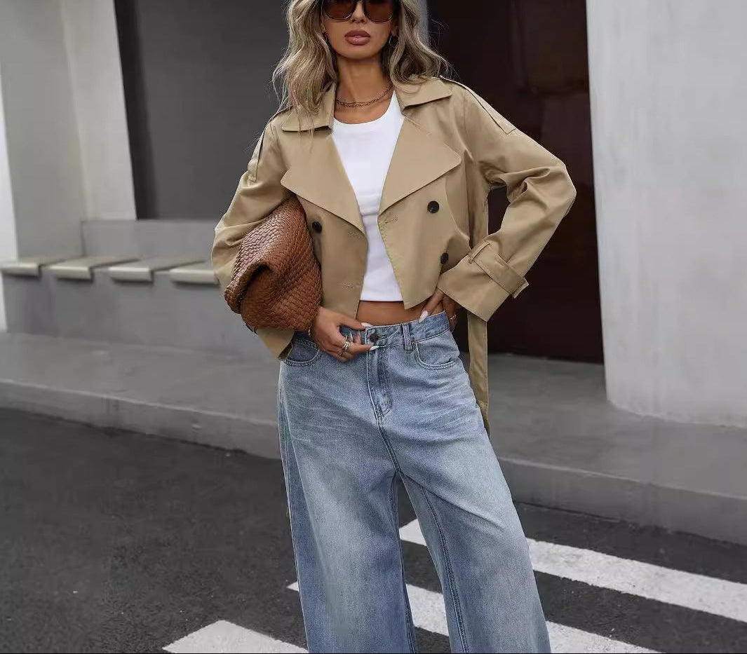 Sophia | Damen Eleganter Kurzer Zweireihiger Trenchcoat