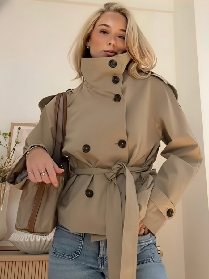 Elisa | Damen Eleganter Zweireihiger Trenchcoat mit Bindegürtel