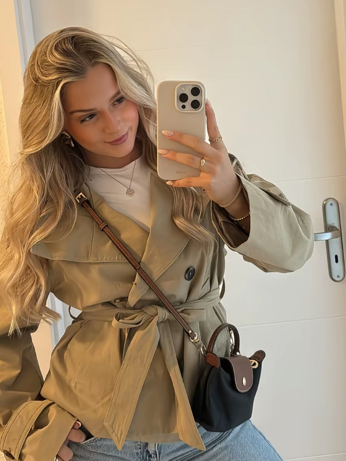 Elisa | Damen Eleganter Zweireihiger Trenchcoat mit Bindegürtel