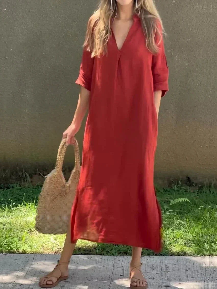 Fiona | Damen Elegantes Baumwoll-Sommerkleid mit Taschen