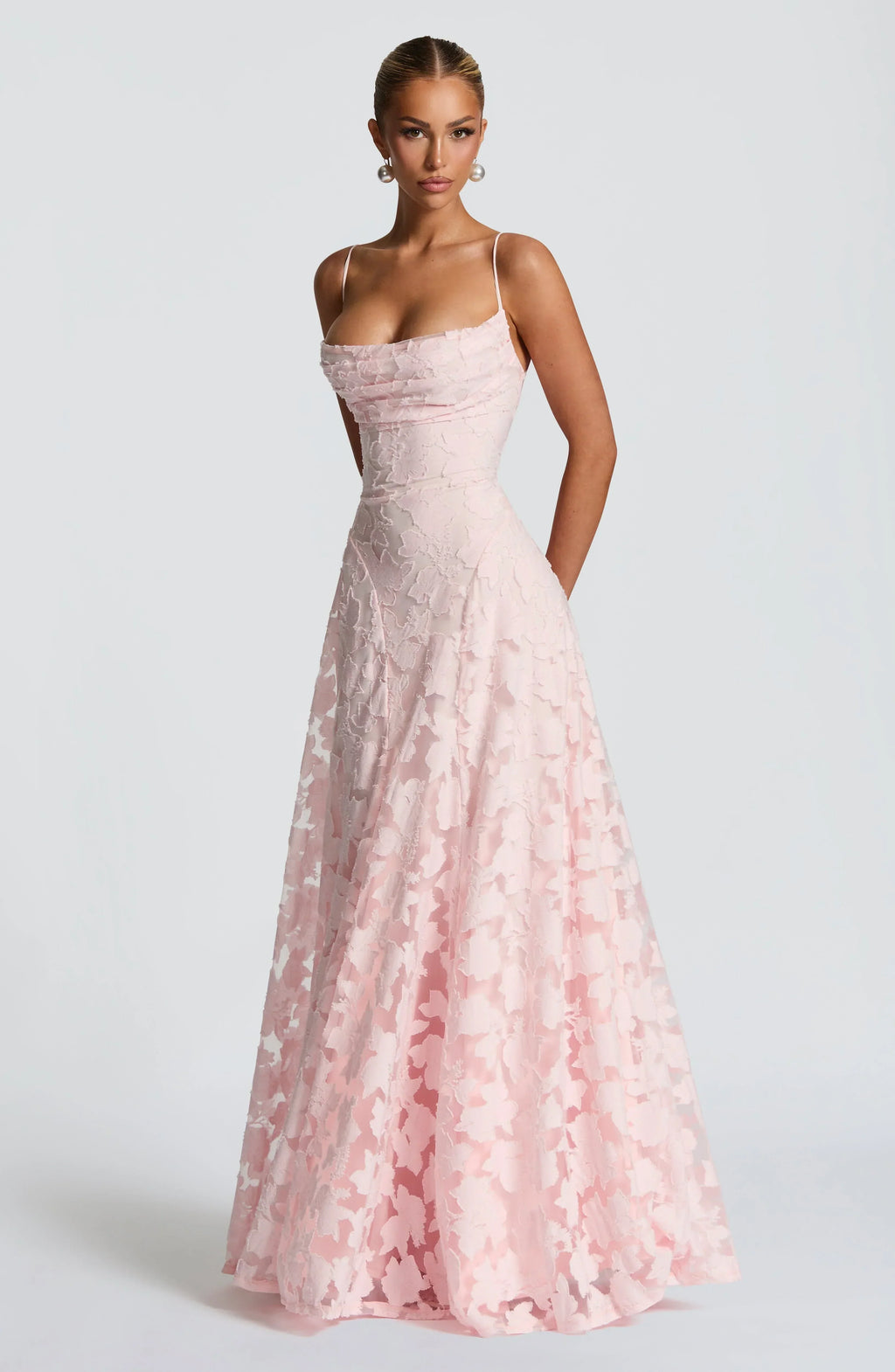 Melina | Damen Elegantes Blumenmuster A-Linien Maxikleid für Hochzeitsgäste mit zarten Spaghettiträgern