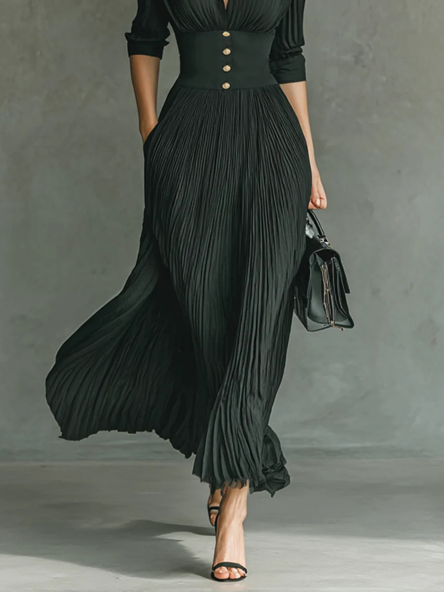 Lena | Damen Elegantes Herbst-Maxikleid mit Plissees