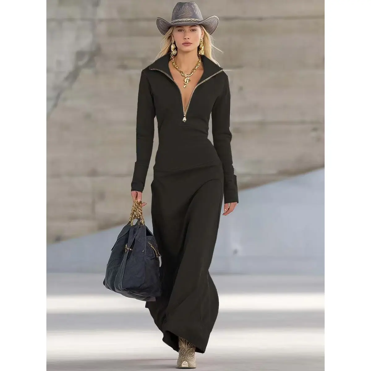 Ella | Damen Elegantes Langärmliges Abendkleid Maxilänge
