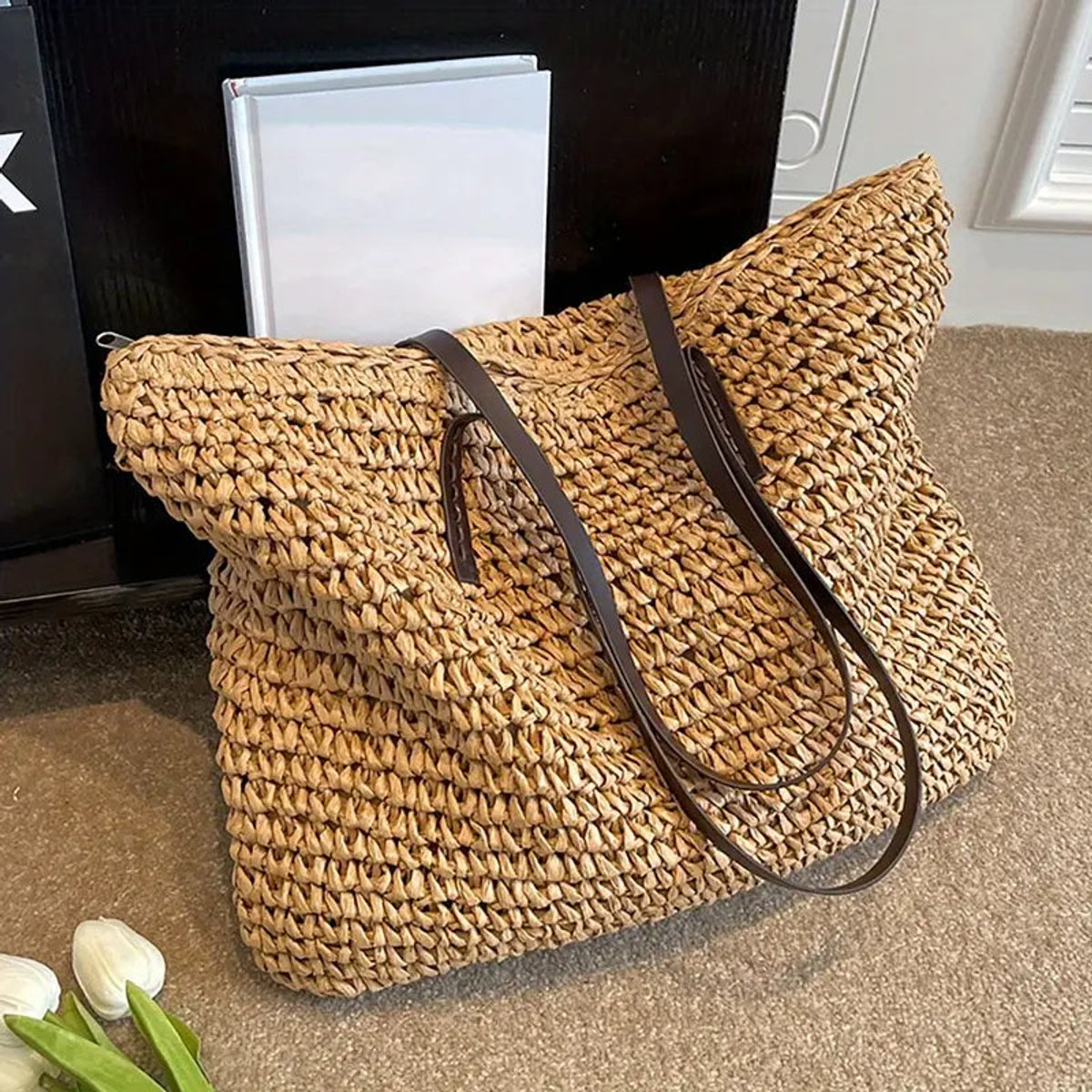 Amelie | Damen Geräumige Raffia Schultertasche im Boho-Stil