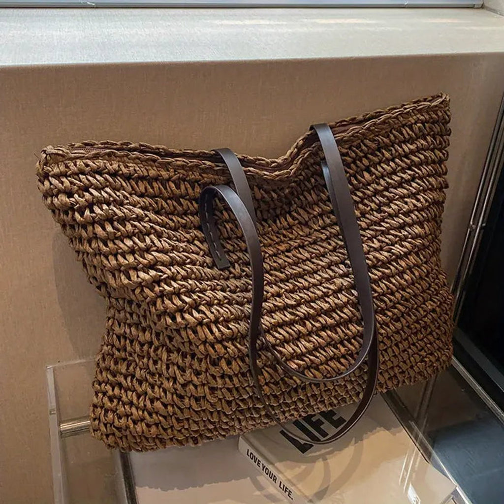 Amelie | Damen Geräumige Raffia Schultertasche im Boho-Stil