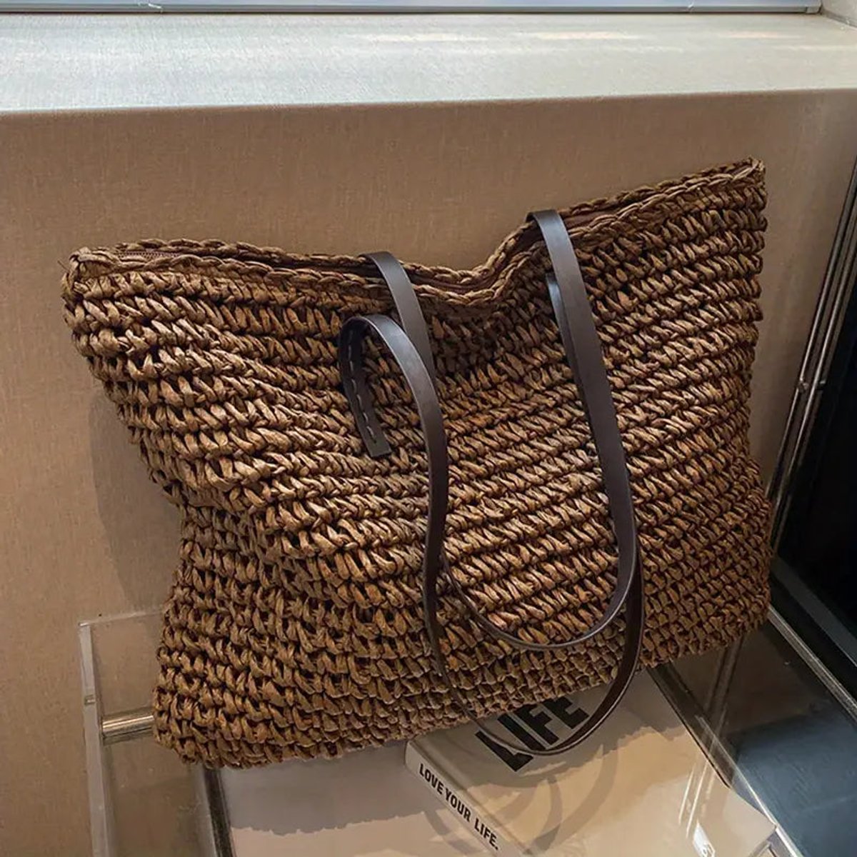 Amelie | Damen Geräumige Raffia Schultertasche im Boho-Stil