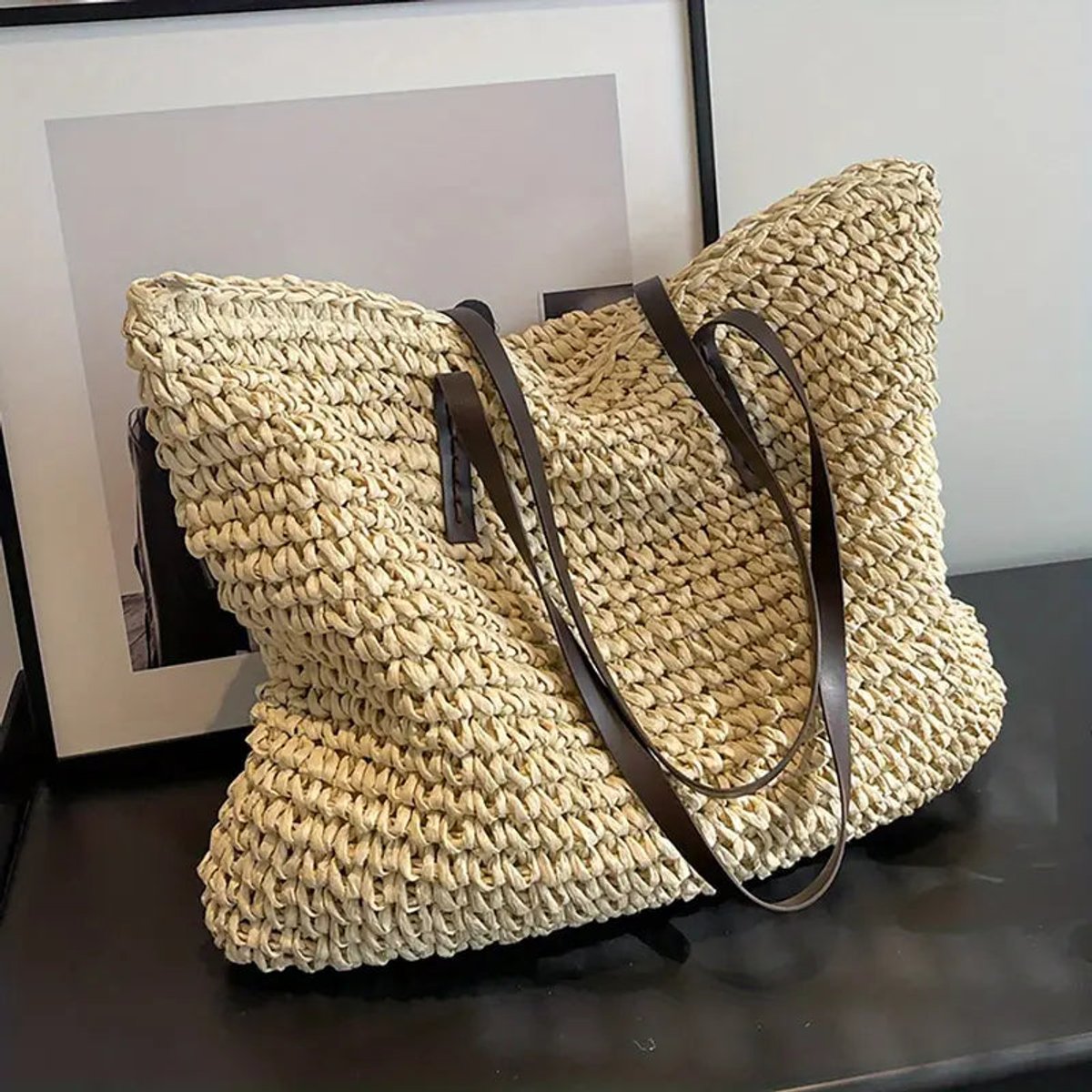 Amelie | Damen Geräumige Raffia Schultertasche im Boho-Stil