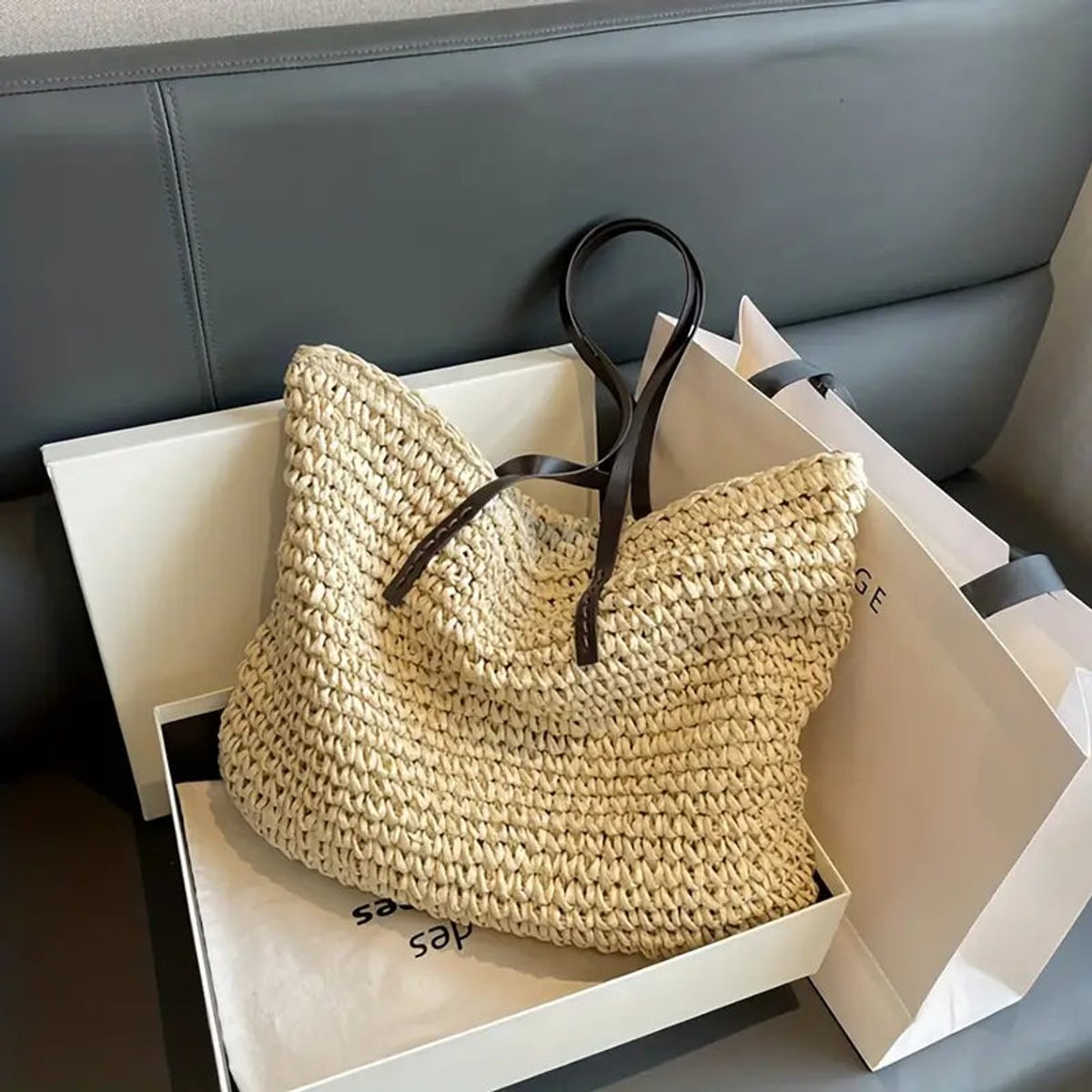 Amelie | Damen Geräumige Raffia Schultertasche im Boho-Stil