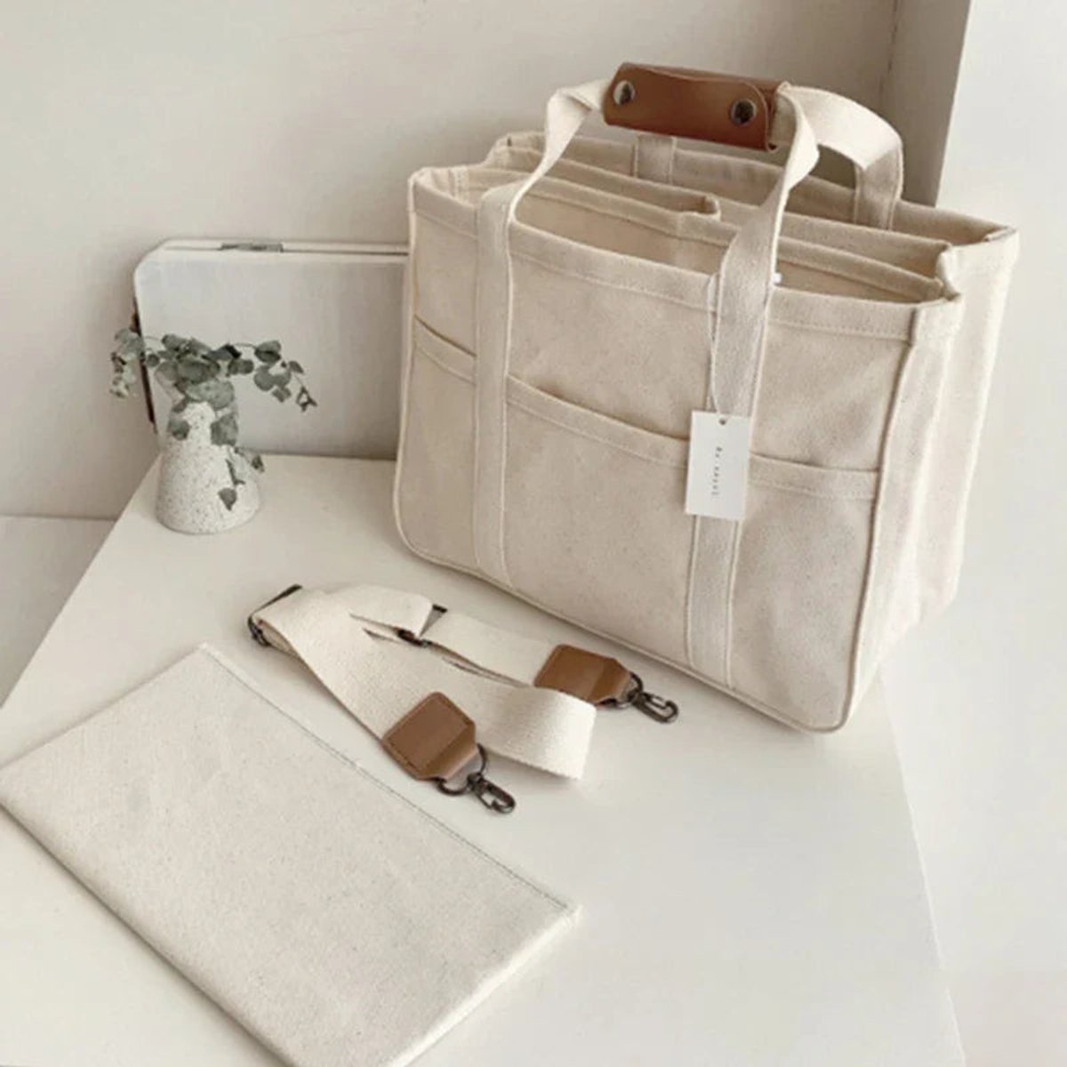 Frieda | Damen Großformatige Canvas Tasche mit Lederbesatz