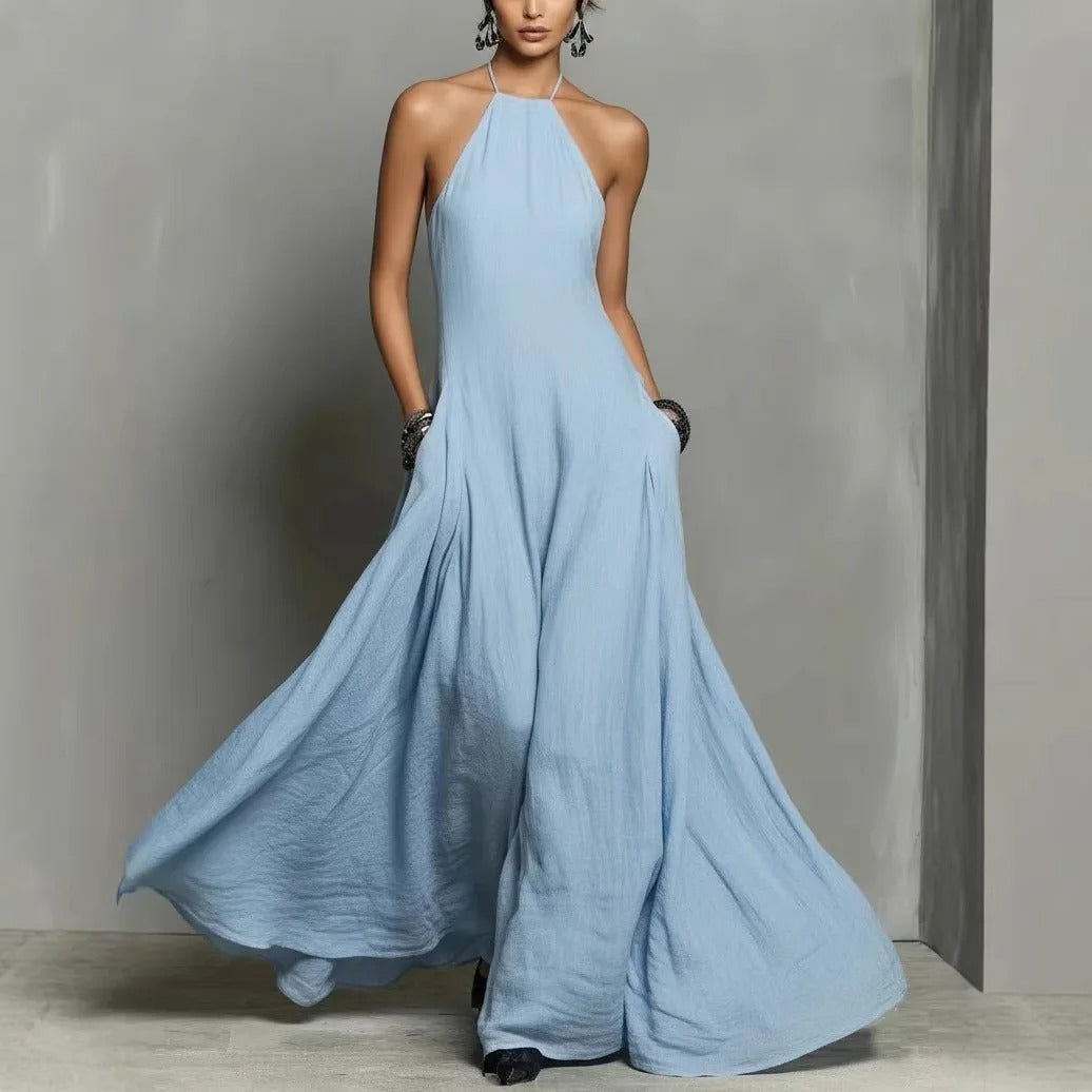 Nora | Damen Halter-Kleid im Leinenmix Maxilänge