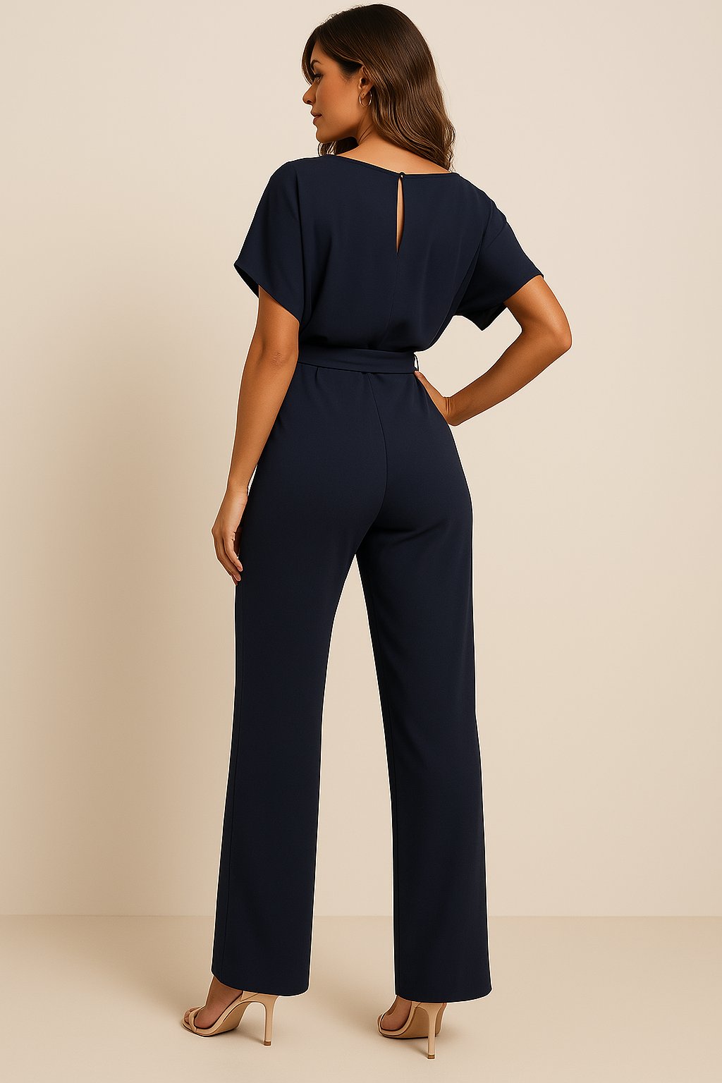 Victoria | Damen Kurzarm Bindegürtel Weites-Bein Jumpsuit