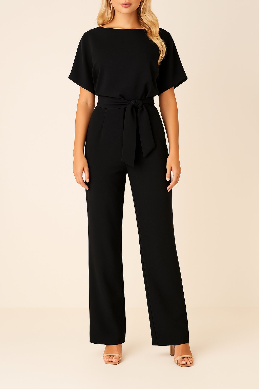 Victoria | Damen Kurzarm Bindegürtel Weites-Bein Jumpsuit