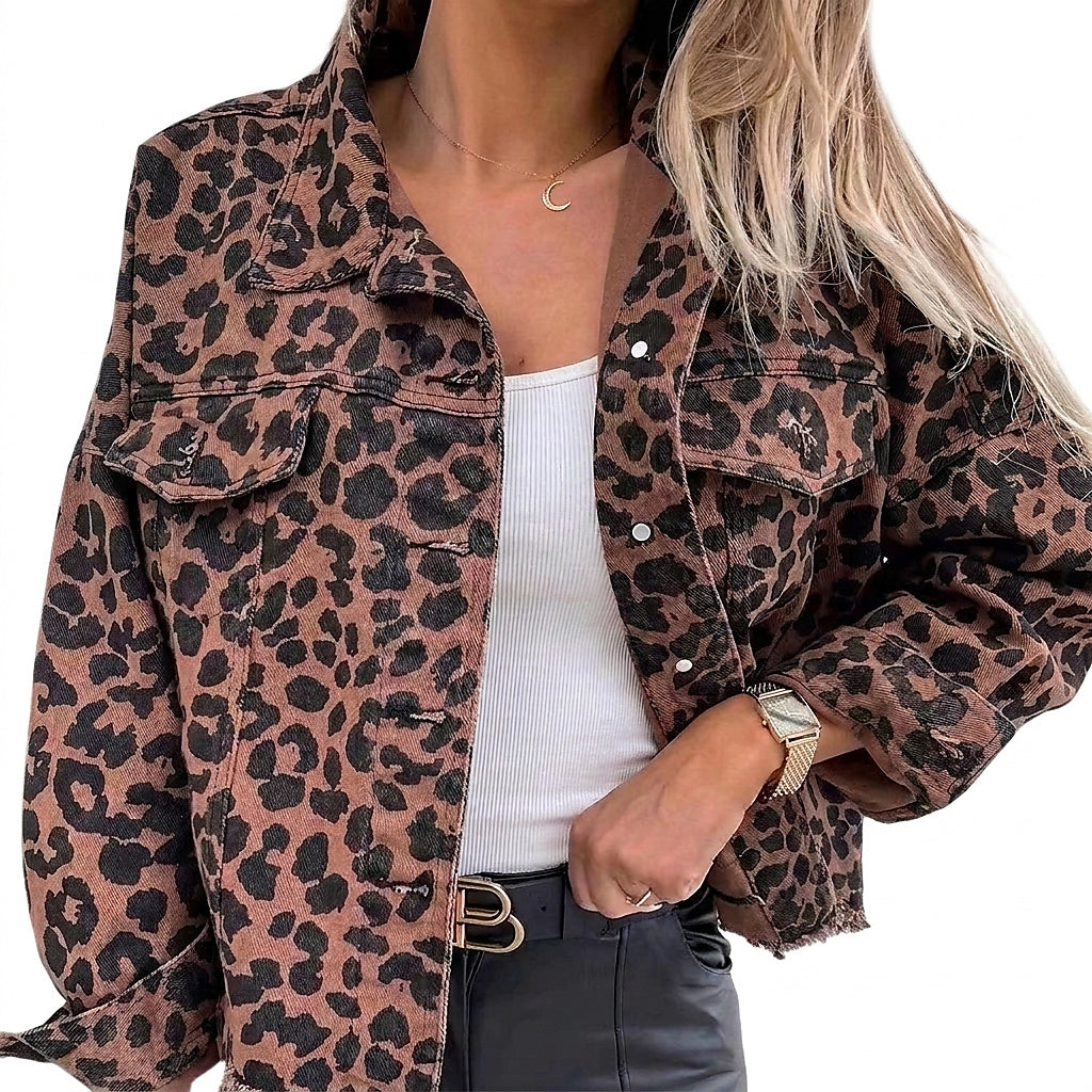 Elisa | Damen Kurze Jeansjacke mit Leoparden-Print
