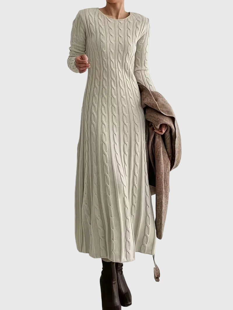 Melina | Damen Langarm Strickkleid mit Zopfmuster in Maxilänge