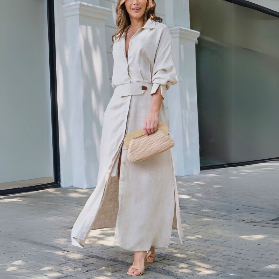 Luisa | Damen lässiges Maxikleid für Hochzeitsgäste und Sommerfeste mit Hemdkragen und Dreiviertelärmeln
