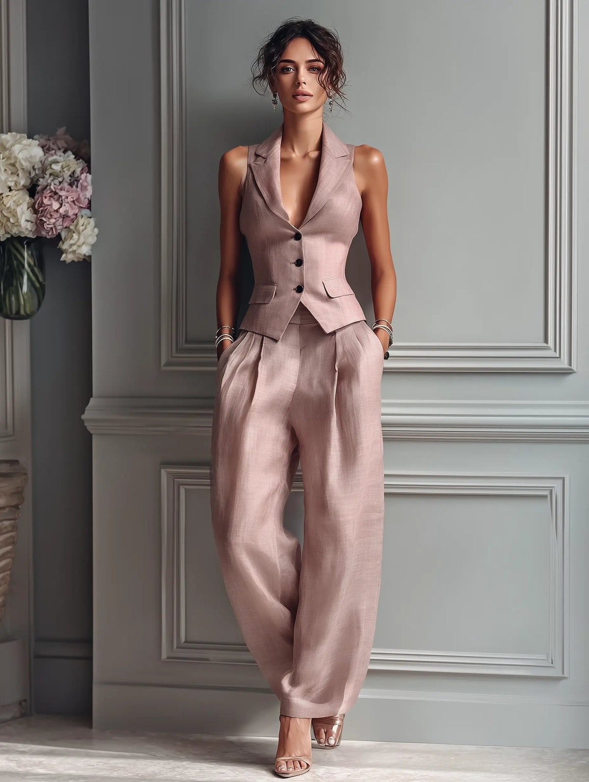 Elena | Damen Leinen Westen-Set mit weiter Hose