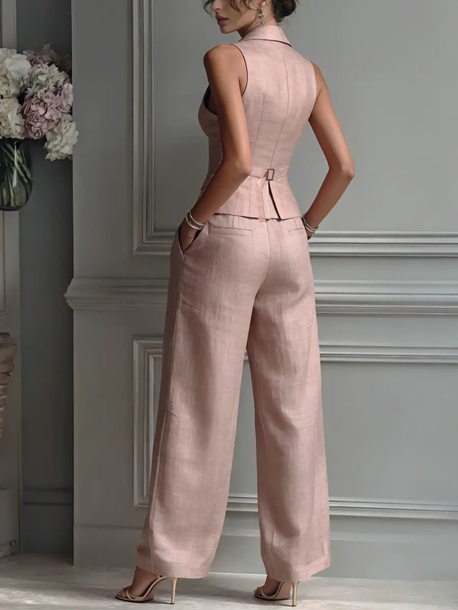 Elena | Damen Leinen Westen-Set mit weiter Hose