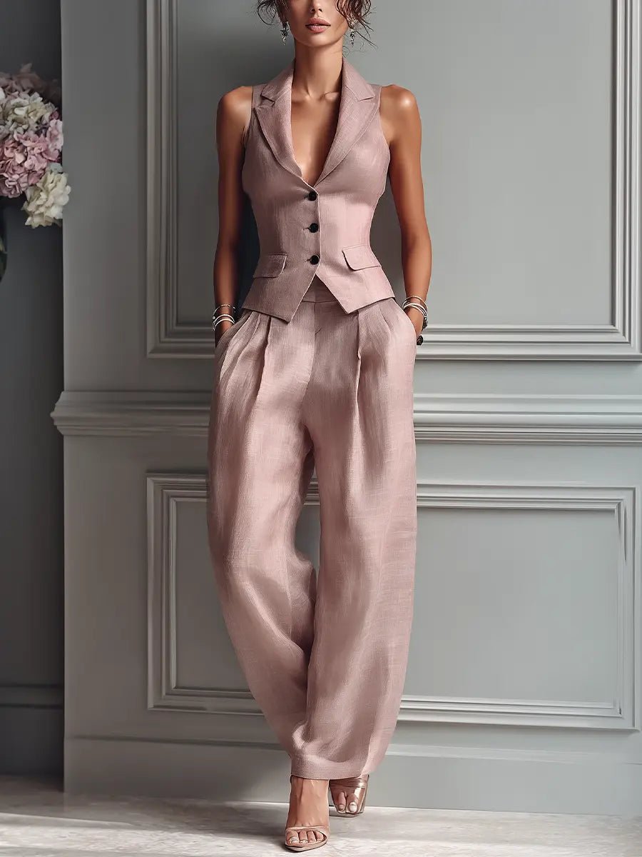 Elena | Damen Leinen Westen-Set mit weiter Hose