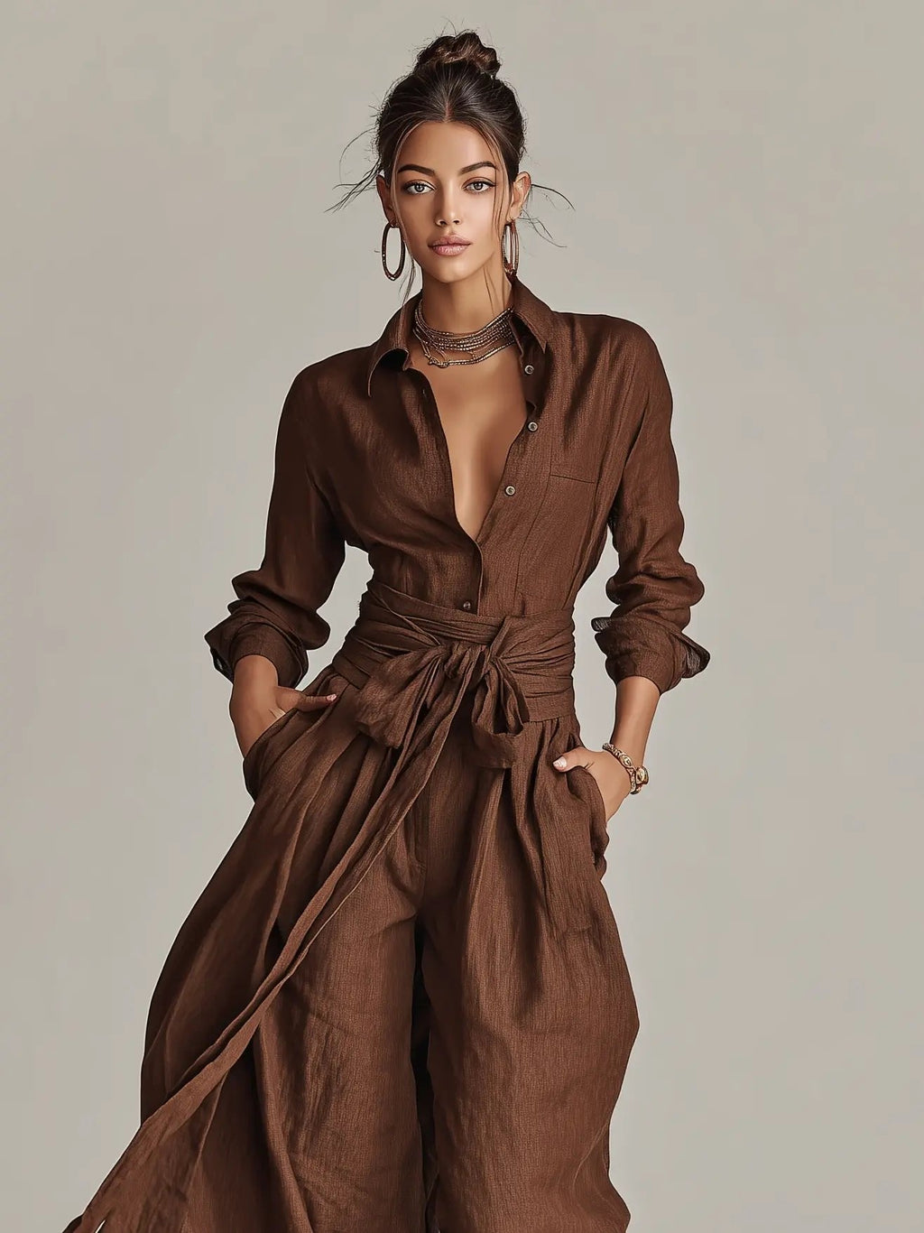 Katharina | Damen Linen Langarm Hemdkragen Gürtel